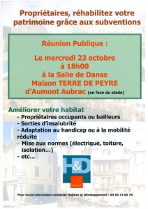 Affiche de la reunion publique sur la rénovation de l'habitat à Aumont-Aubrac. 